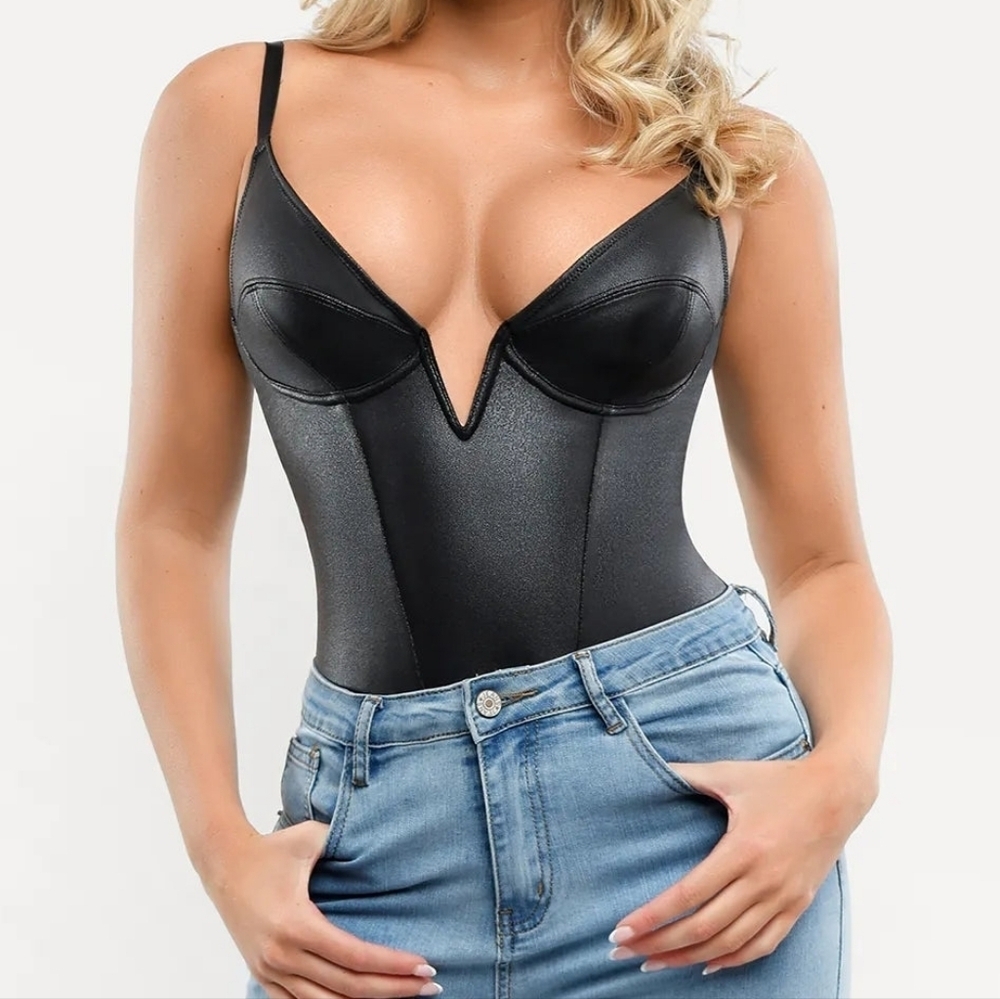Popilush Shapewear Faux Leather Plunging V Sculpting Corset Bodysuit L NWT